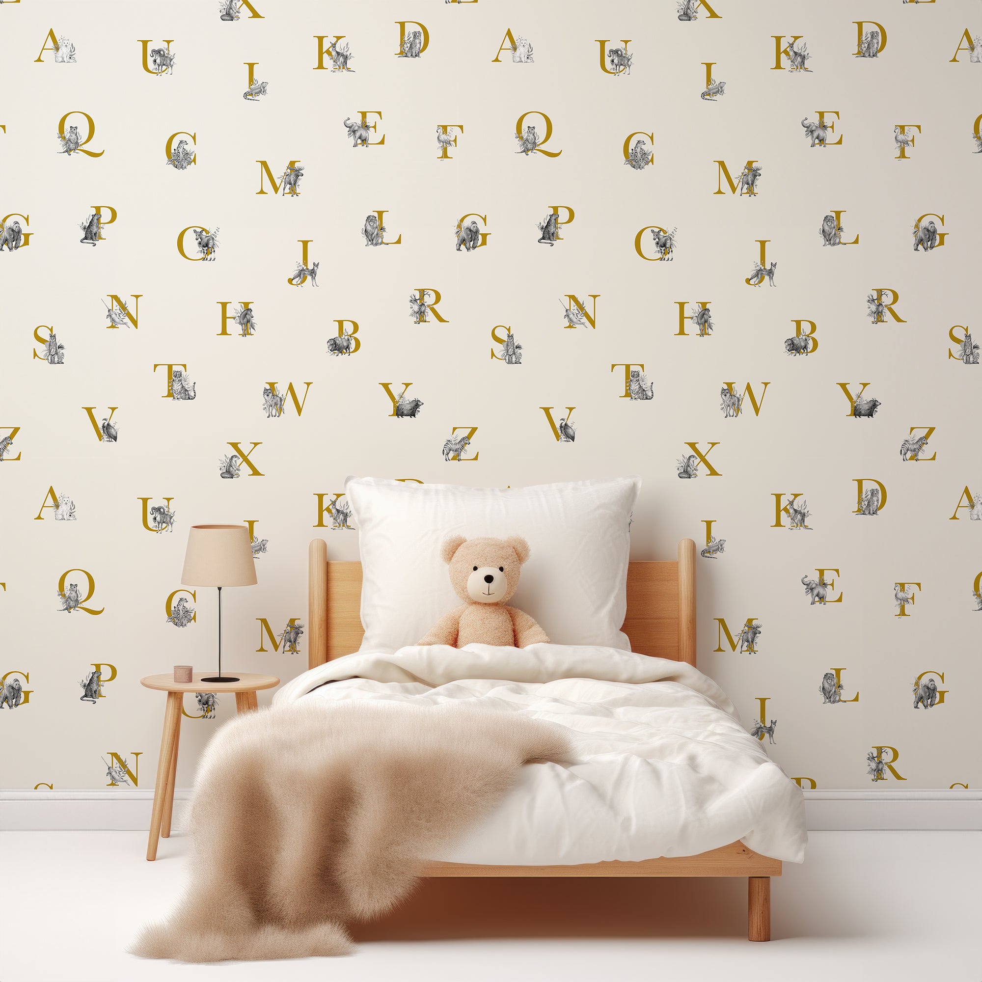 Wall Mural - Golden Alphabet Letters and Etched Animals Wallpaper - Removable Wallpaper (Peel & Stick) - Made to Measure