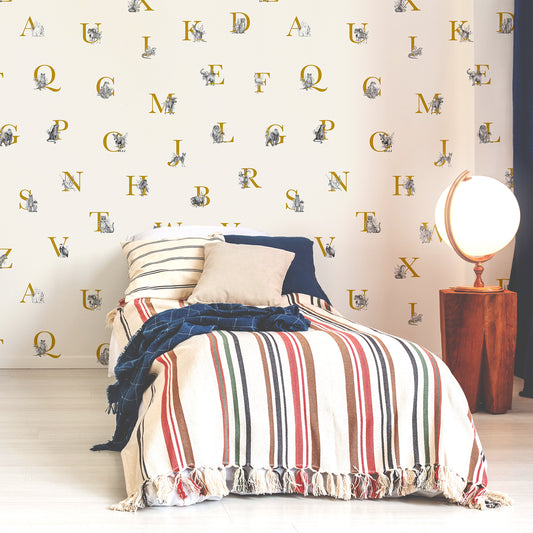 Animal Alphabet Gold in Bedroom With Single Stripy Bed & Light Up Globe