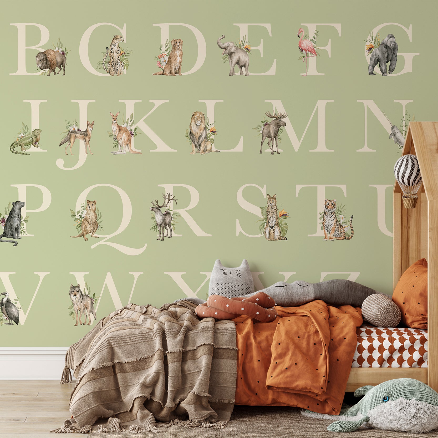 Wall Mural - Sage Green Alphabet Letters and Animals - Removable Vinyl (Peel & Stick) - Made to Measure