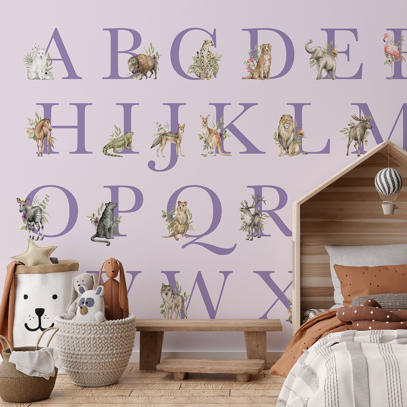 Wall Mural - Purple Alphabet Letters and Animals - Removable Vinyl (Peel & Stick) - Made to Measure