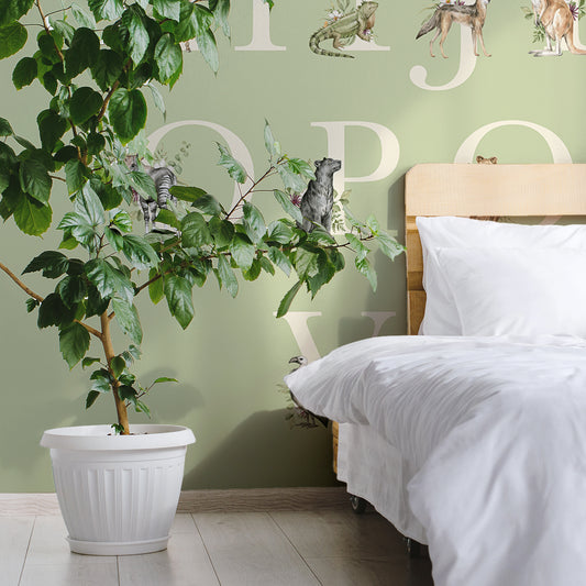 Animal Alphabet Wallpaper In Bedroom With Large Green Plant In White Plant Pot