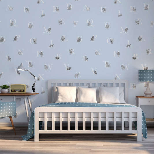 Animal Alphabet Wallpaper In Bedroom With Polka Dot Baby Blue Bedding
