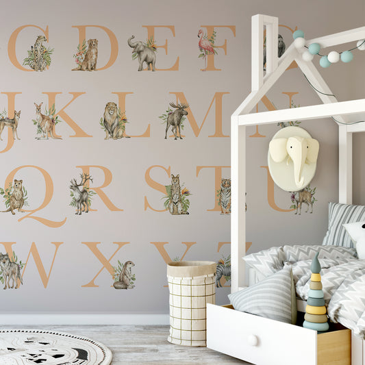 Animal Alphabet Wallpaper In Kids Bedroom With Large White Bed & Elephant Hanger