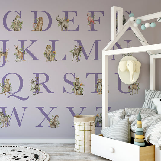Animal Alphabet Wallpaper In Kids Bedroom With Large White Bed & Elephant Hanger