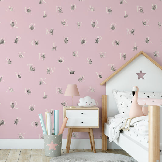 Animal Alphabet Wallpaper In Pink Bedroom With Star Themed Bed & Bedding With Toy Flamingo