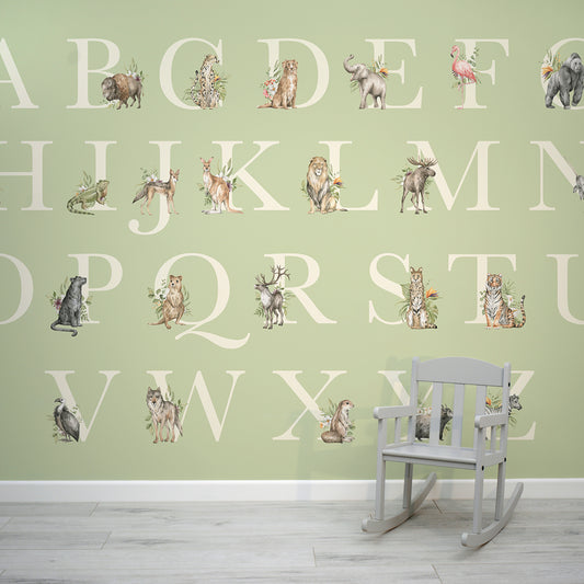 Animal Alphabet With Chair in Front Of Wallpaper