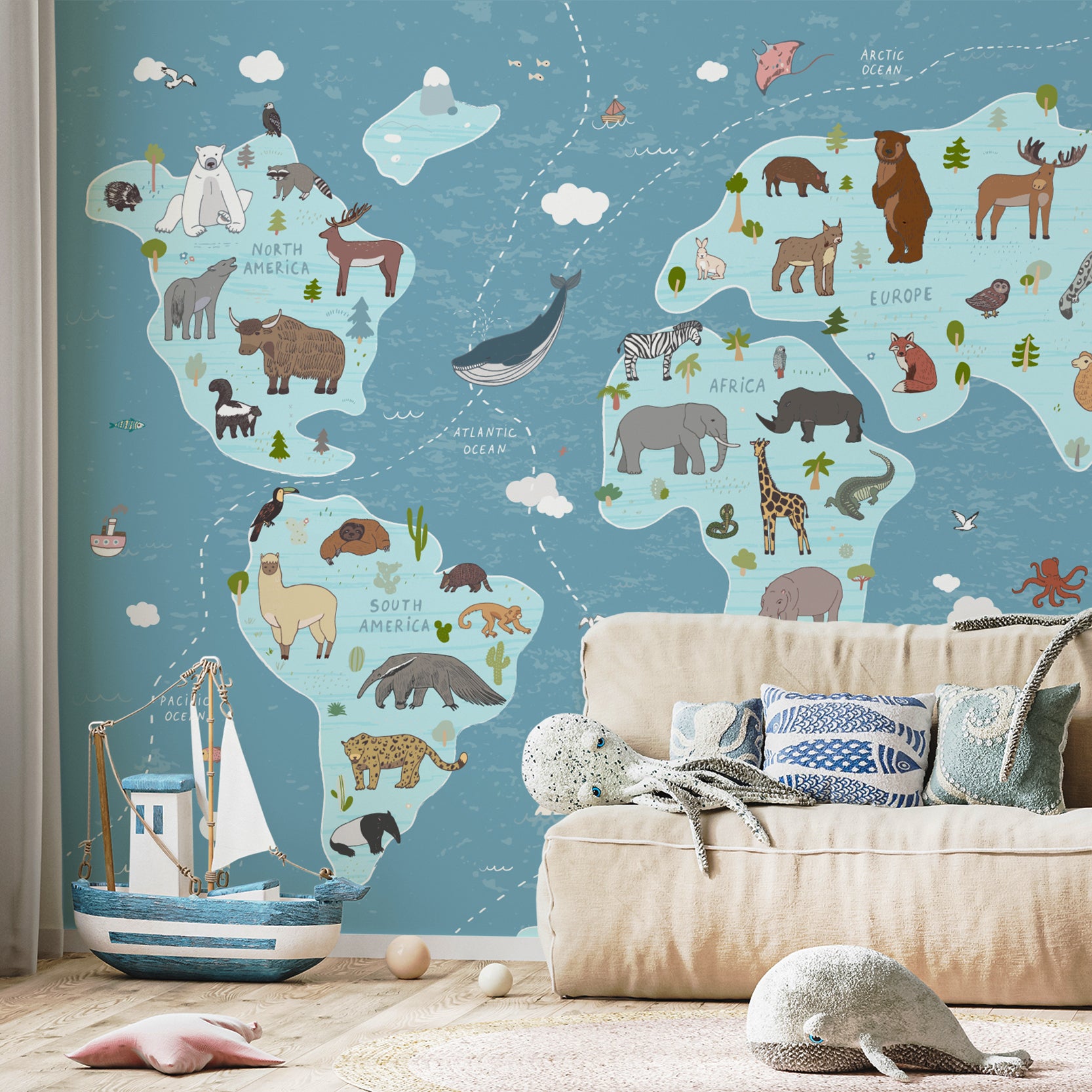 Wall Mural - Blue World Map Of Animals - Traditional Wallpaper (Paste-the-Wall) - Made to Measure