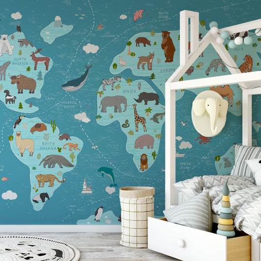 Animal Kingdom Atlas Blue In Kid's Bedroom With Large White Bed and Elephant Coat Hanger