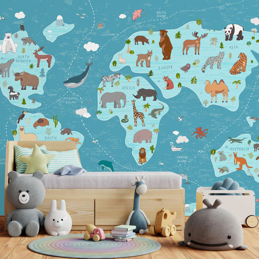 Animal Kingdom Atlas Blue In Kid's Bedroom With Small Wooden Bed & Toys