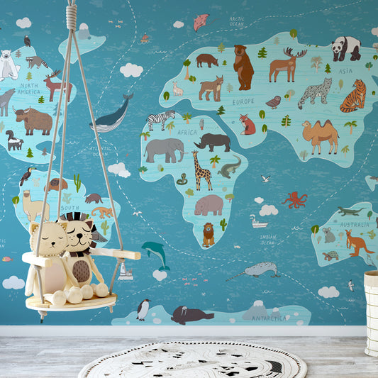 Animal Kingdom Atlas Blue In Kid's Playroom With Hanging Chair And Plush Toys