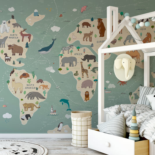 Animal Kingdom Atlas Opal Green In Kid's Bedroom With Large White Bed and Elephant Coat Hanger