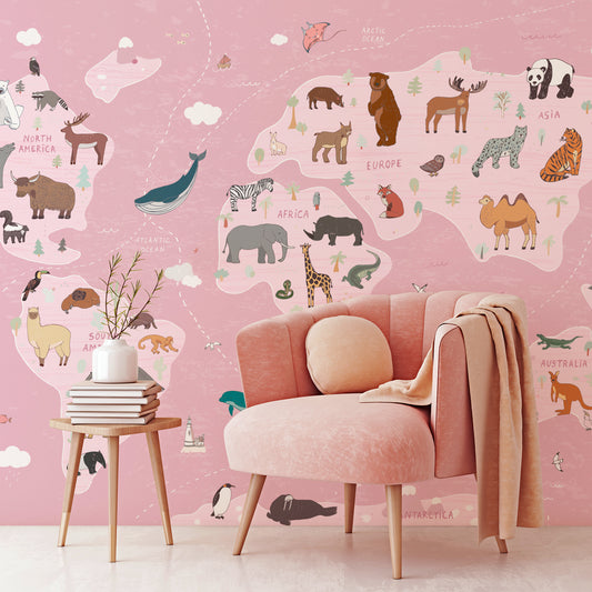 Animal Kingdom Atlas Pink In A Lounge With Pink Chair & Wooden Stool
