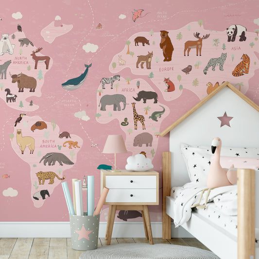 Animal Kingdom Atlas Pink In Kids's Bedroom With White Bed & Star Bedding & Flamingo