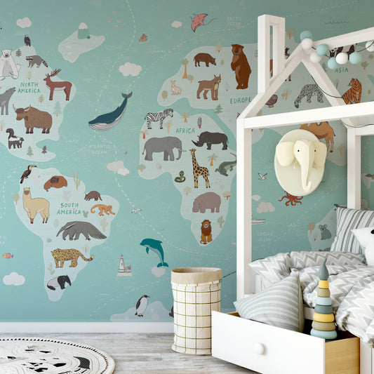 Animal Kingdom Atlas Teal In Kid's Bedroom With Large White Bed and Elephant Coat Hanger