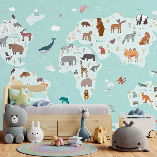 Teal World Map Of Animals Wallpaper Mural | WallpaperMural – WallpaperMural.com
