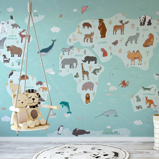 Animal Kingdom Atlas Teal In Kid's Playroom With Hanging Chair And Plush Toys