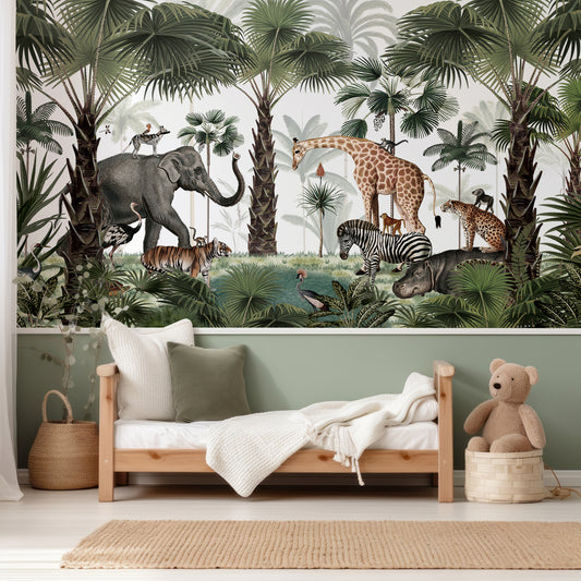 Animal Kingdom Wallpaper In Child's Bedroom With Small Wooden Bed And White And Green Bedding With Half Wallpapered Wall And Half Painted Green Wall