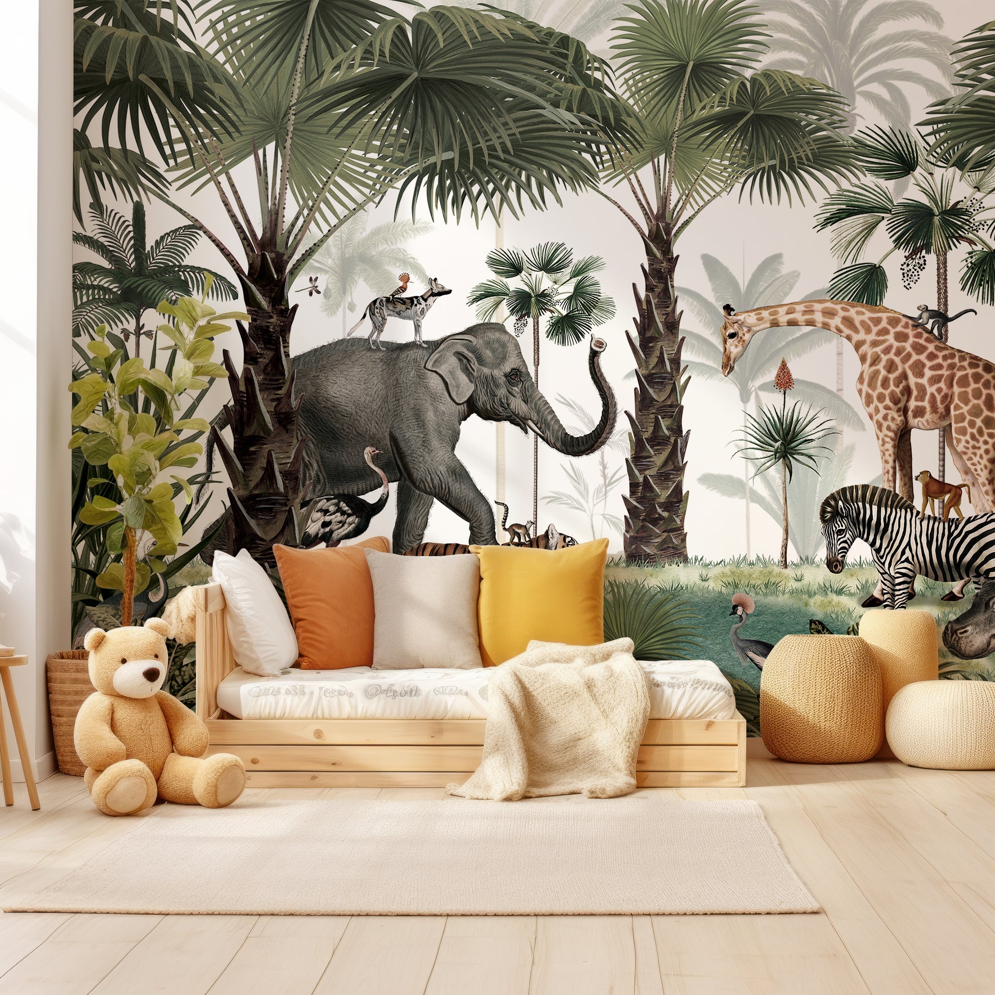Wall Mural - Animals in the Jungle Green Watercolour Children's - Removable Wallpaper (Peel & Stick) - Made to Measure