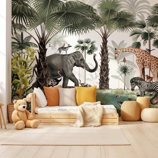 Animal Kingdom Wallpaper In Child's Bedroom With Wooden Bed With Red, Beige And Yellow Cushions As Well As Teddy Bear