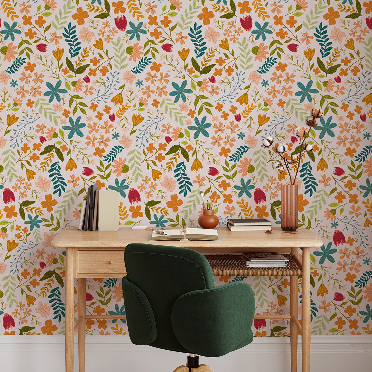 Wall Mural - Cheerful Floral Pink - Traditional Wallpaper (Paste-the-wall) - Made to Measure