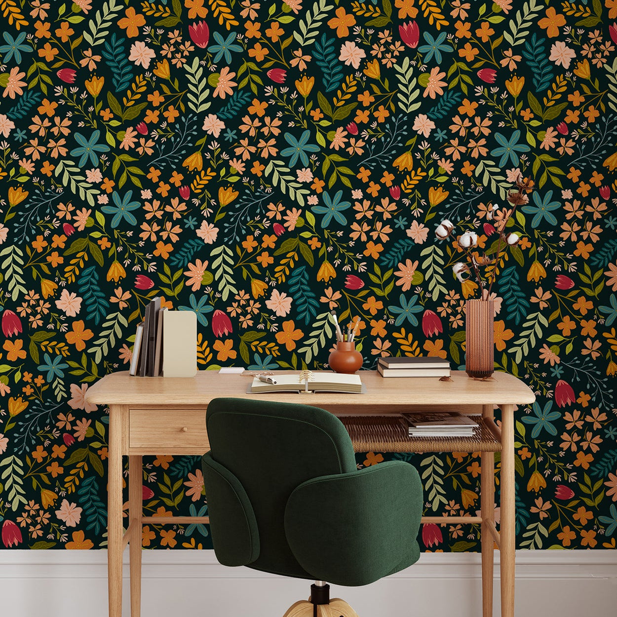 Wall Mural - Cheerful Floral Navy - Traditional Wallpaper (Paste-the-wall) - Made to Measure