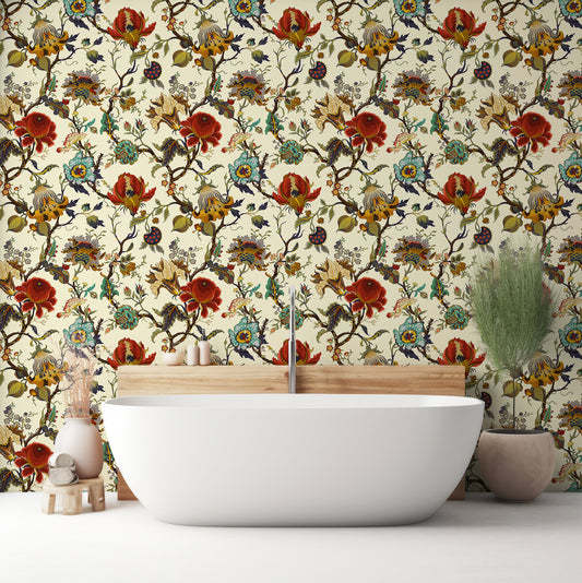Aphrodite Fire Wallpaper In Bathroom With White Bathtub And Green & Beige Plants With Wooden Backing