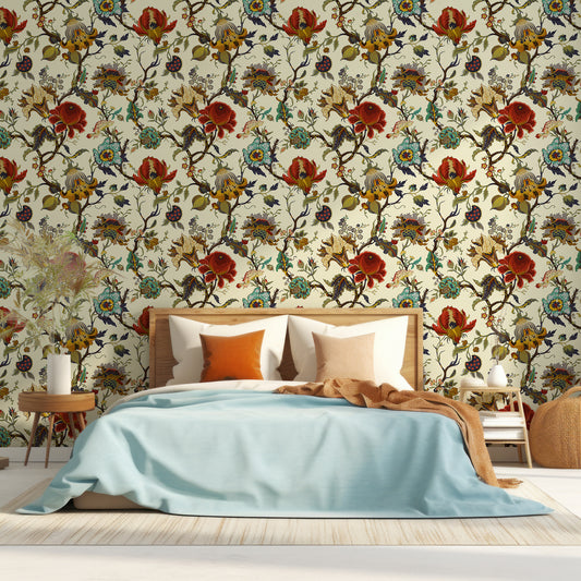Aphrodite Fire Wallpaper In Bedroom With Natural Lighting Shining On Baby Blue Bed With Orange Cushions