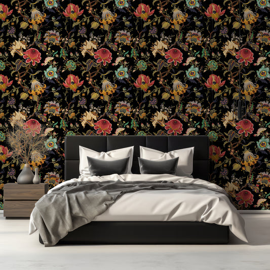 Aphrodite Noir Wallpaper In Bedroom With Black Queen Size Bed With Wooden Cabinets And Plants