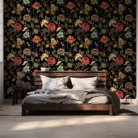 Aphrodite Noir Wallpaper In Room With Dark WOoden Queen Size Bed & Grey Bedding