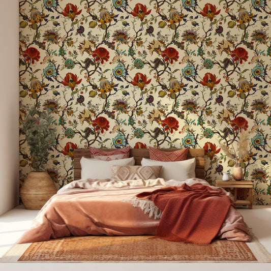Aphrodite Red Wallpaper In Bedroom With Red Bedding On Large Dark Wooden Bedframe