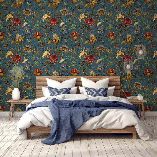 Aphrodite Steel Wallpaper In Bedroom With Wooden Bed With Navy And White Bedding