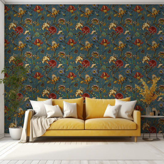 Aphrodite Steel Wallpaper In Living Room With Large Mustard Yellow Sofa And Trees