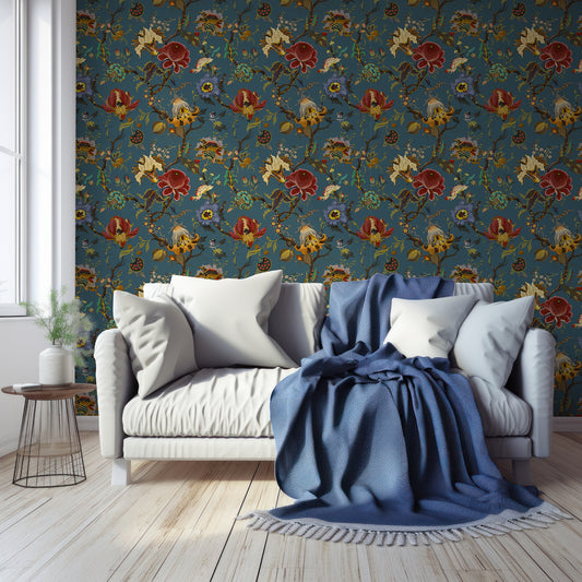 Aphrodite Steel Wallpaper In Living Room With Wooden Floor, Windows, Plants And Large Blue Sofa