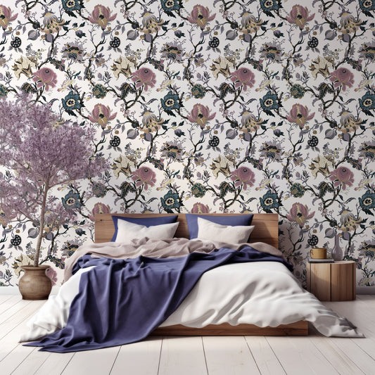 Aphrodite Violet Wallpaper In Bedroom With White Walls & Violet Bed With Large Purple Plant