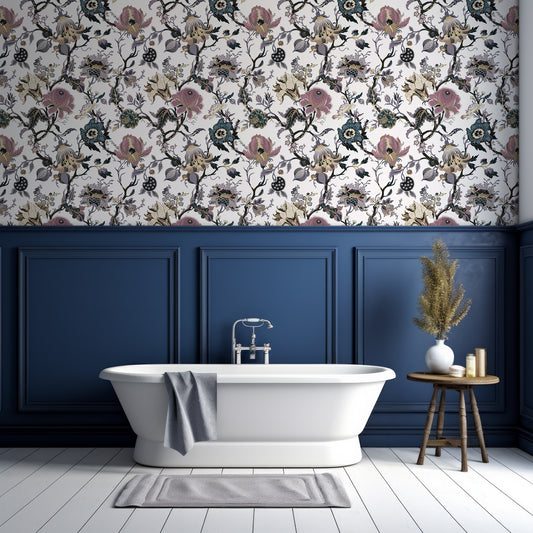 Aphrodite Wallpaper In Bathroom With Half Navy Panelled Wall and White Wall As Well As Bathtub