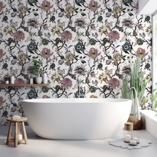 Aphrodite Wallpaper In Bathroom With White Bathtub And Green Plants With Wooden Stool & Candle
