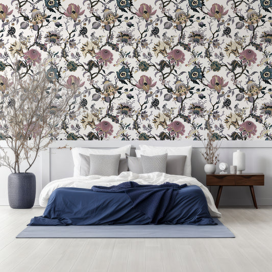 Aphrodite Wallpaper In Bedroom With Blue Bed With White Panelling