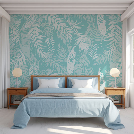 Aqua Breeze Botanicals In Bedroom With Light Blue Bedding And Wooden Side Tables