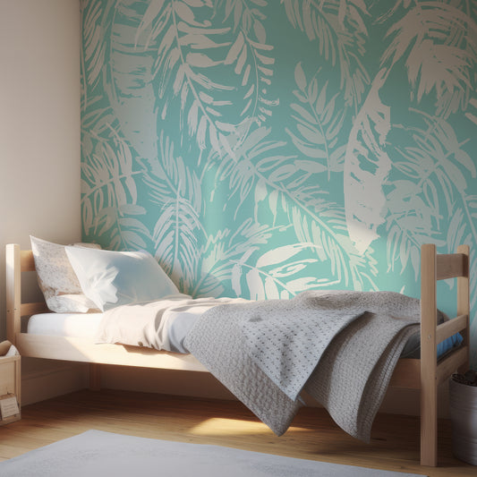 Aqua Breeze Botanicals In Child's Bedroom With Light Blue Bedding And Wooden Bed