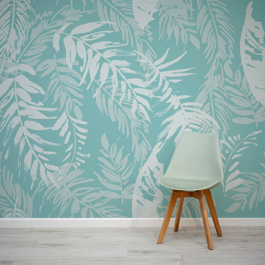 Aqua Breeze Botanicals Wallpaper In Room With Lime Green Chair