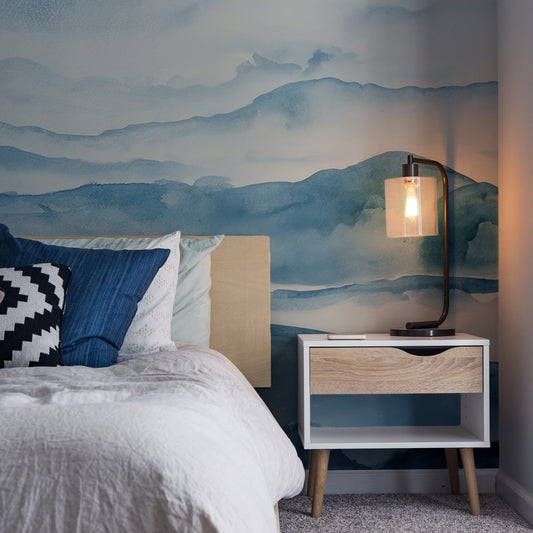 Aqua Vista Wallpaper In Bedroom With Blue Bed & Lamp