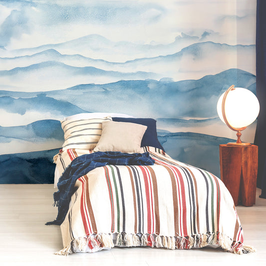 Aqua Vista Wallpaper In Bedroom With Stripy SIngle Bed And Light Up Globe