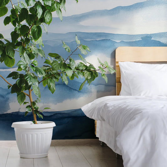 Aqua Vista Wallpaper In Bedroom With WHite Bedding And Green Plant In WHite Plant Pot
