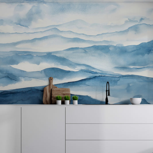 Aqua Vista Wallpaper In Kitchen With White Worktops