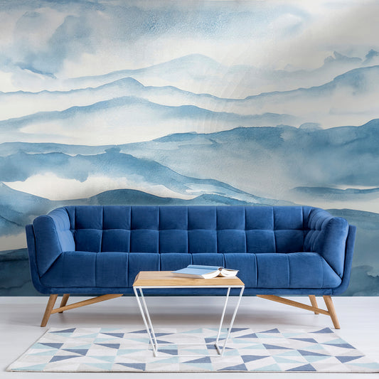 Aqua Vista Wallpaper In Living Room With Blue Sofa