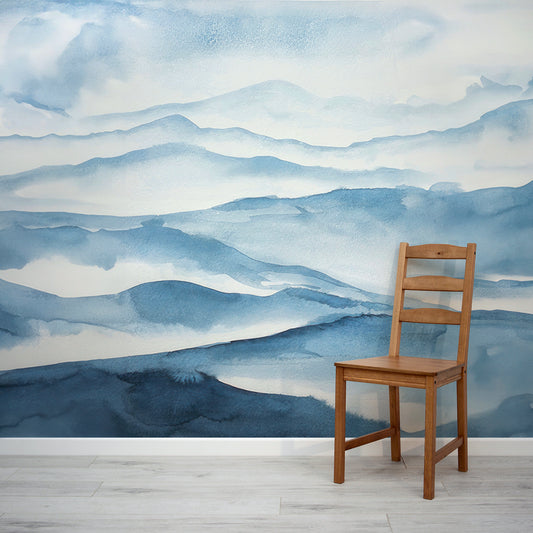 Aquarelle Montagnes Bleues Papier Peint Mural