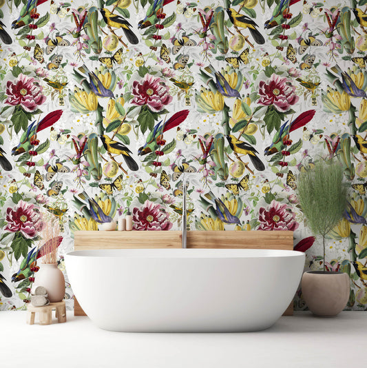 Arcano Viridarium Wallpaper In Bathroom With White Bathtub And Green & Beige Plants With Wooden Backing