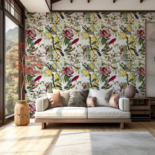 Arcano Viridarium Wallpaper In Room By Mountains With Sofa & Large Green & Red Plants