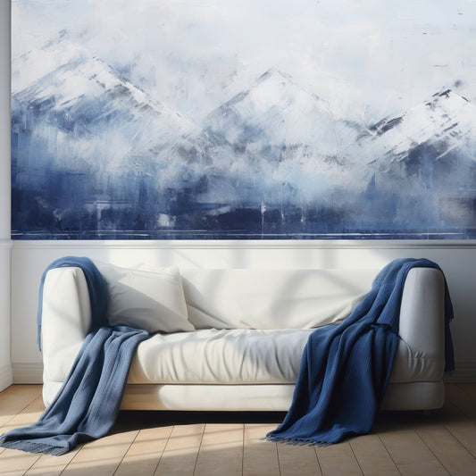 Arctic Serenity Wallpaper In Living Room With White Sofa With White Cushions And Navy Blue Blankets And Wall Panelling