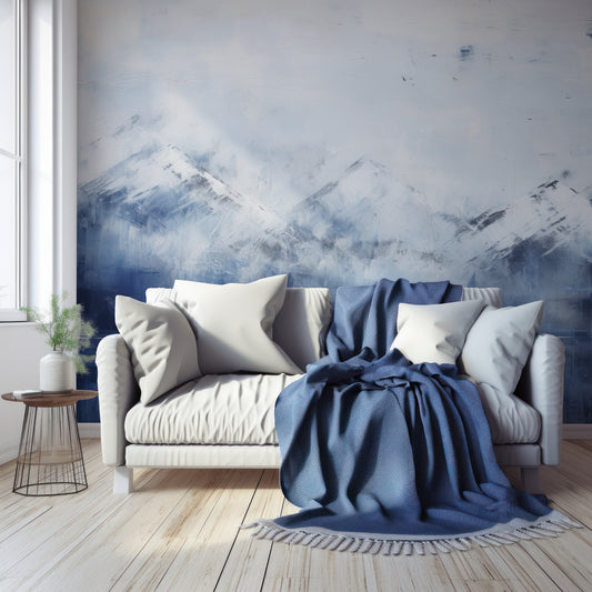 Arctic Serenity Wallpaper In Living Room With Wooden Floor, Windows, Plants And Large Blue Sofa
